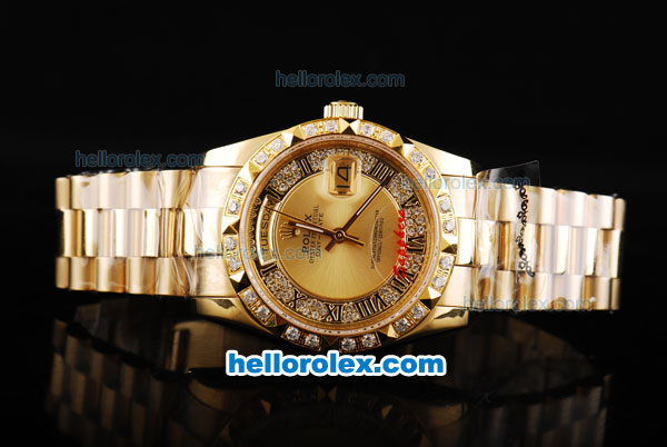 Rolex Day-Date Automatic Movement Full Gold with Gold Dial-Roman Markers and Diamond Bezel - Click Image to Close